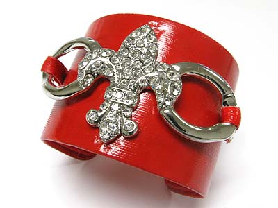 CRYSTAL FLEUR DE LIS FAUX LEATHER WRAP METAL CUFF BANGLE