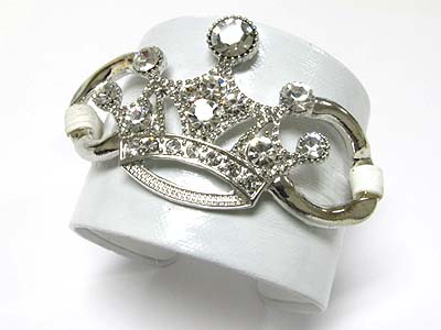 Crystal crown faux leather wrap metal cuff bangle