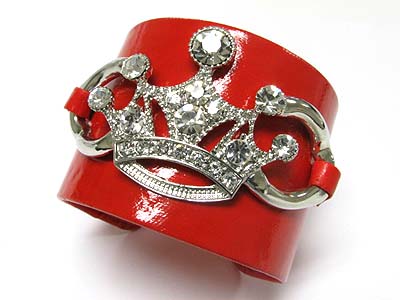 Crystal crown faux leather wrap metal cuff bangle