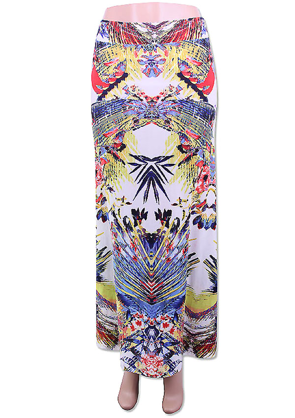 Abstract pattern elastic maxi skirt - 92% polyester 8% spandex