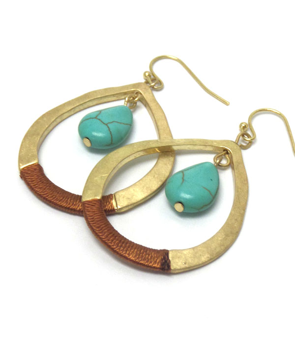 Oval metal teardrop with turquoise stone earrings
