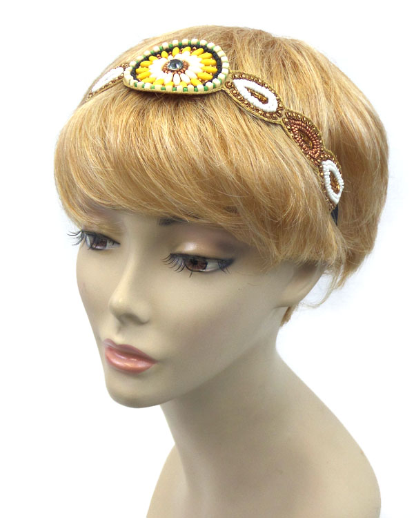 Handmade multi seed beads flower pattern headband