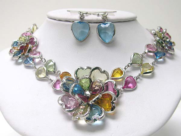 Acryl and crystal art deco flower link necklace earring set