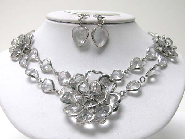 Acryl and crystal art deco flower link necklace earring set
