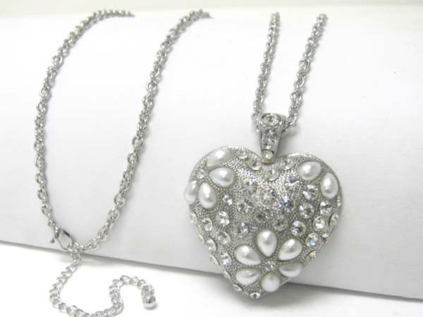 Large crystal and pearl stud heart charm dangle long neckalce earring set