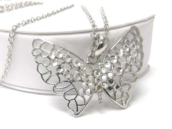 Crystal stud large butterfly pendant long chain necklace