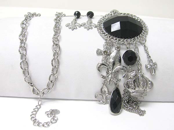 Facet glass stone and crown fleur de lis cross charm dangle long neckalce earring set