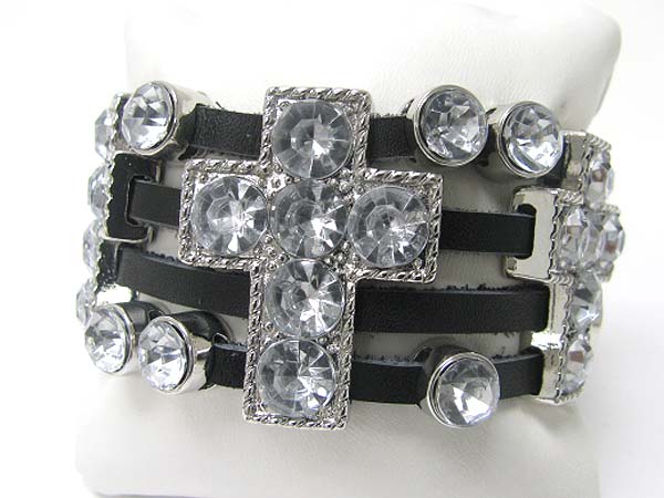 CRYSTAL STUD CROSS ACCENT LEATHER BAND BRACELET