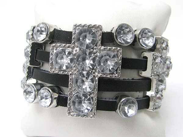 Crystal stud cross accent leather band bracelet