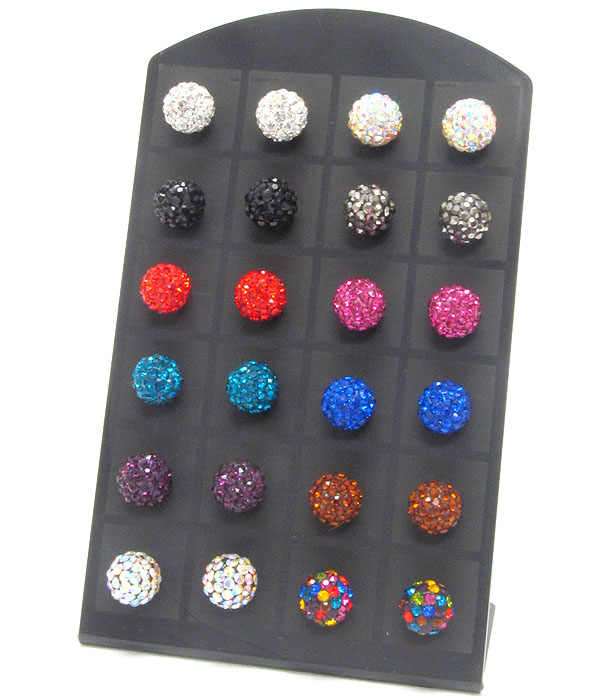 12 pair crystal mixed color round ball earring dozen set (it comes with display) mens jewelry