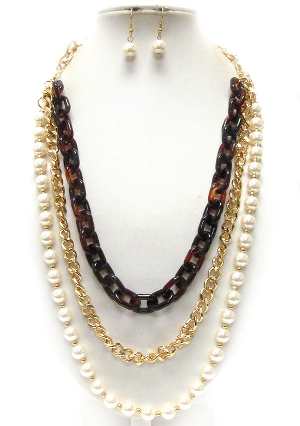 Metal and acrylic and pearl chain 3 layered necklace earring set