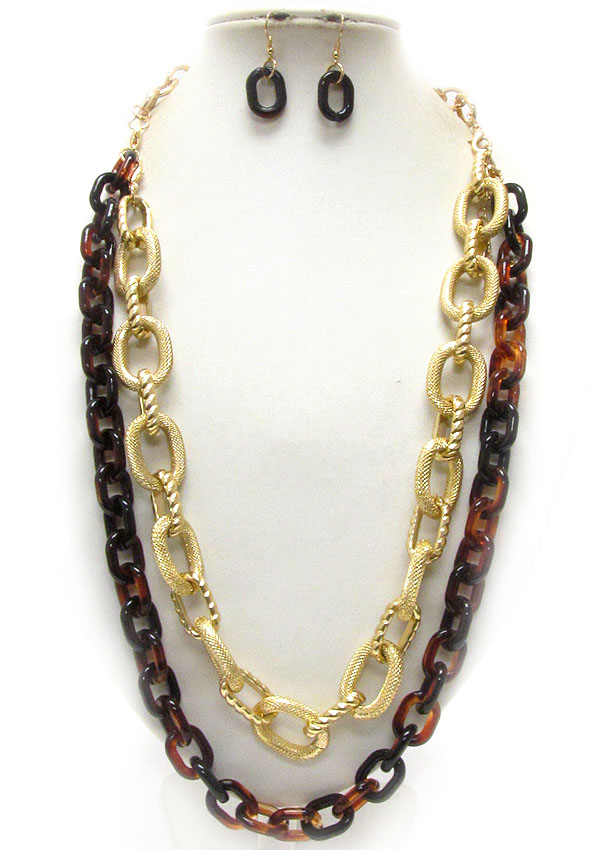 METAL AND ACRYLIC AND PEARL CHAIN 3 LAYERED NECKLACE EARRING SET