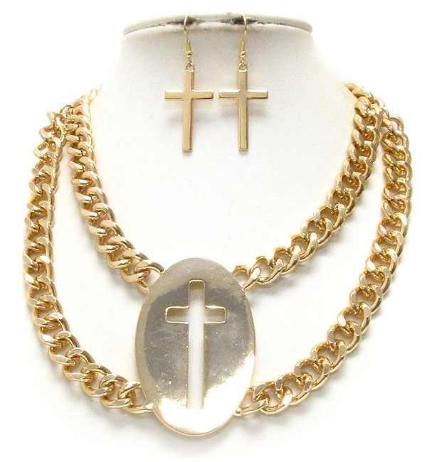 Plain metal pendant cross cut and double thick chain necklace earring set