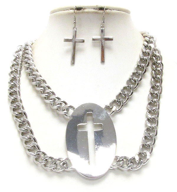 Plain metal pendant cross cut and double thick chain necklace earring set