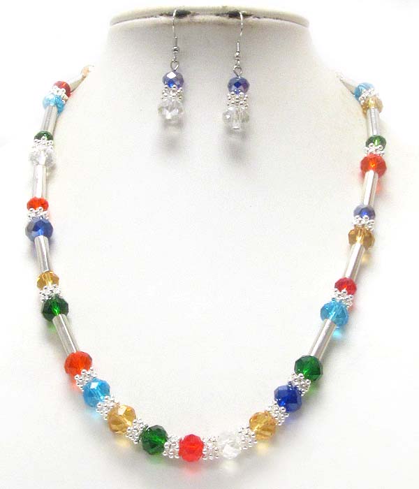 Facet glass ball and metal tube link necklace earring set