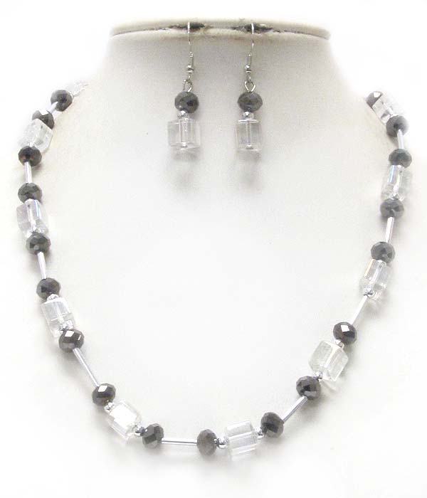 Facet glass ball and metal tube link necklace earring set