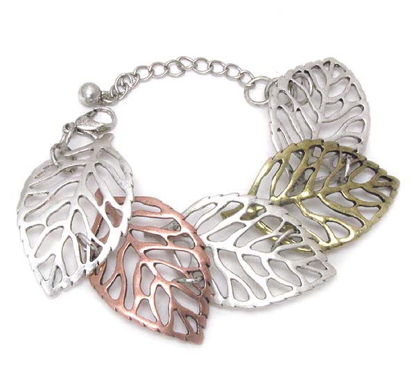 Metal filigree multi leaf link bracelet