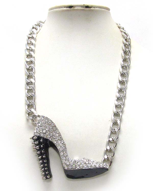 Crystal stud large spike high heel pendant and thick chain necklace