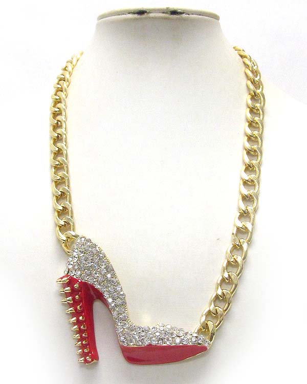 Crystal stud large spike high heel pendant and thick chain necklace