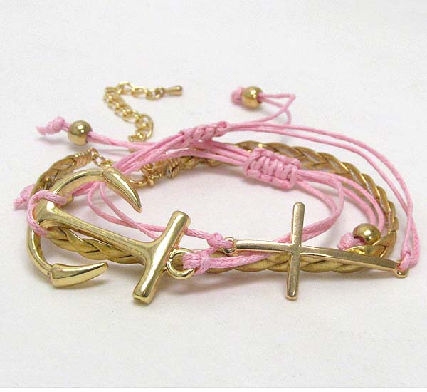 Metal anchor and cross cord bracelet
