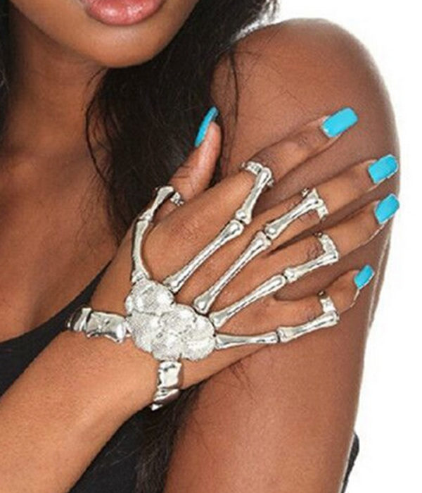 Skull skeleton metal linked bracelet ring set