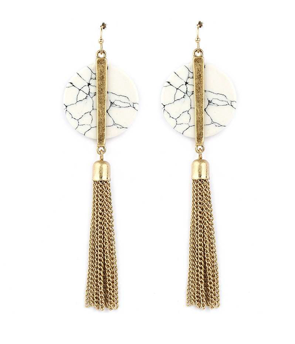 Disk stone and metal tassel drop earring