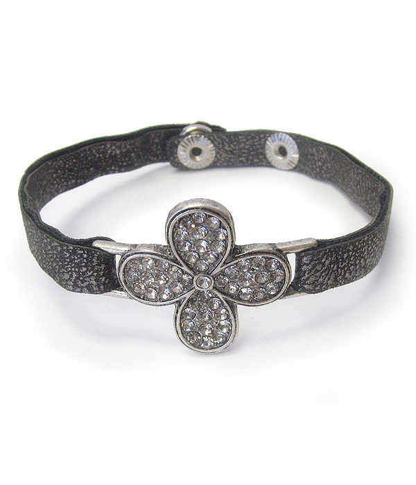 CRYSTAL CROSS AND FAUX LEATHER BUTTON BRACELET