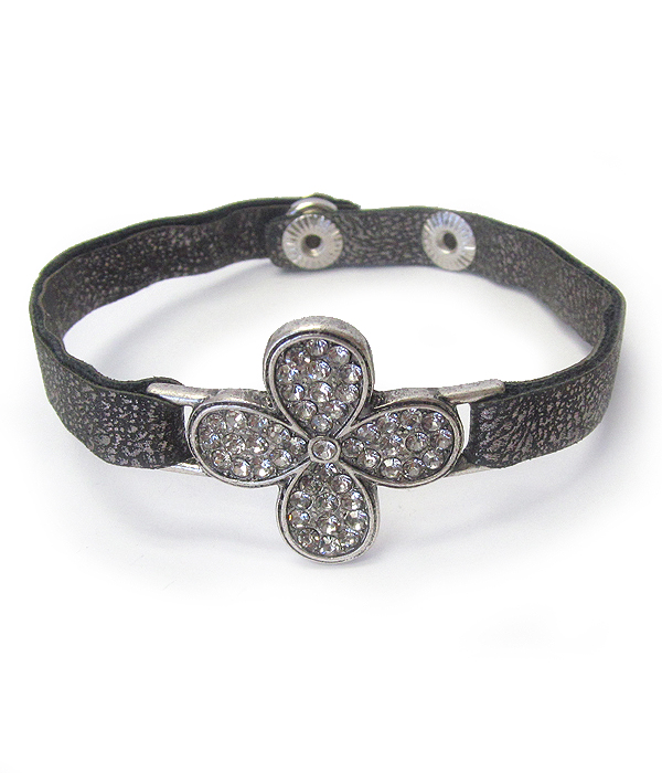 Crystal cross and faux leather button bracelet