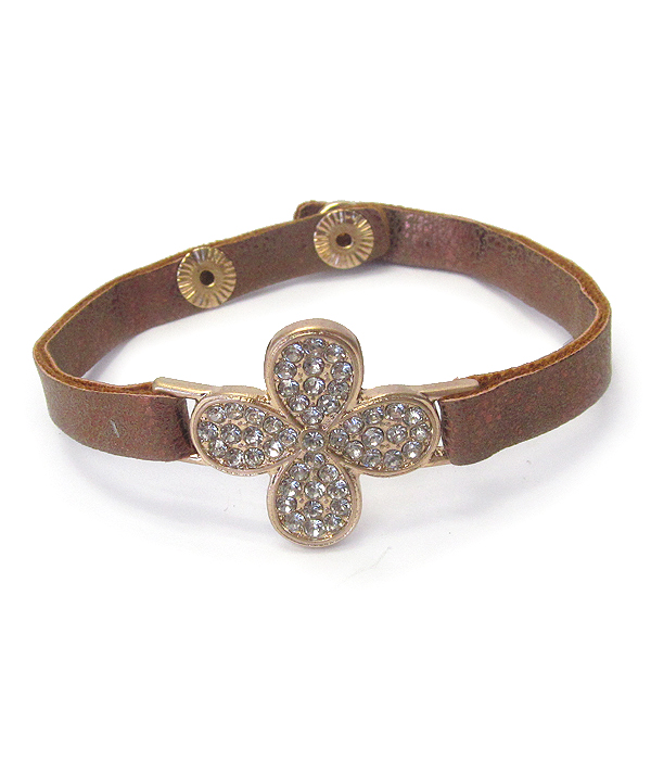 Crystal cross and faux leather button bracelet