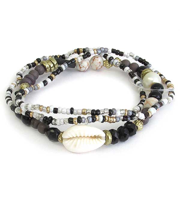 MULTI SEEDBEAD AND FACET STONE MIX COWRY SHELL 3 STRETCH BRACELET SET