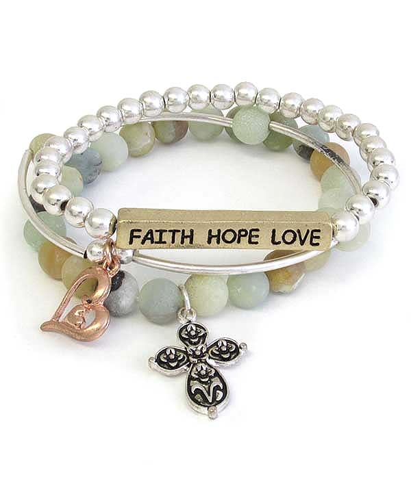 RELIGIOUS INSPIRATION CROSS CHARM AND SEMI PRECIOUS STONE 3 STRETCH BRACELET SET