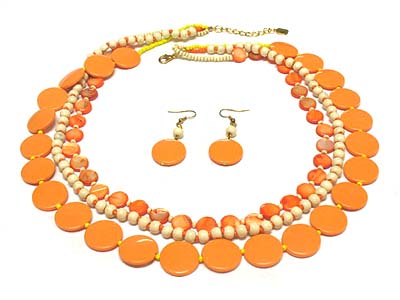Multi strands acrylic round disk and bead necklace and earring set