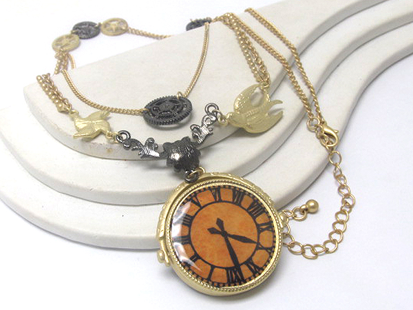 Metal antique clock pendant and round small metal with bird long necklace
