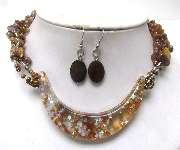 Decorated resin and stars in half oval glass drop chip stone multi chain necklace earring set