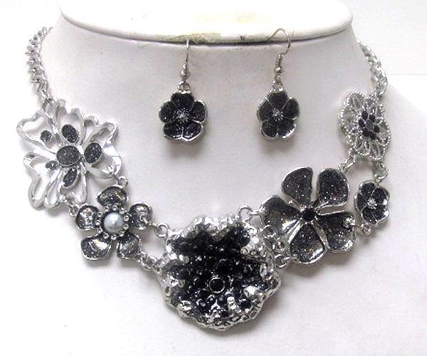 Crystal and pearl and glittering fashion metal flowers drop chain necklace earring set