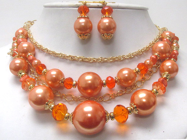 Double layer multi pearl drop with metal ring with glass stone and small pearls chain necklace earring set