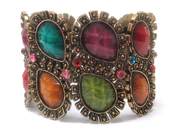 Multi crystal with double patern metal tear drop textured inside crystal glass fashion hinge bangle bracelet