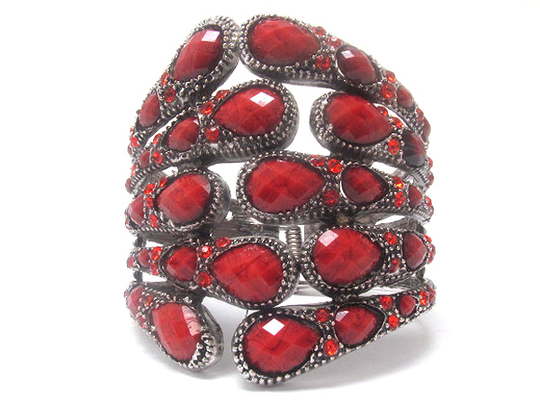 Multi crystal with multi line patern metal tear drop textured inside crystal glass fashion hinge bangle bracelet