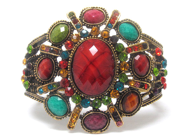 Multi crystal with multi oval patern metal textured inside crystal glass oval fashion hinge bangle bracelet