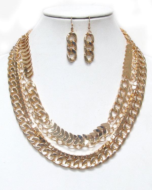 4 layer multi  metal flat chain necklac set