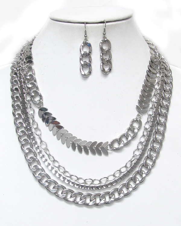 4 layer multi  metal flat chain necklac set
