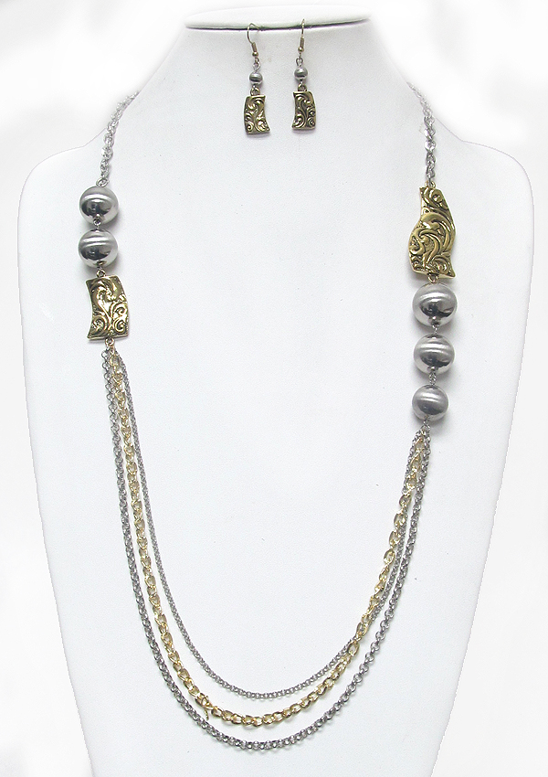Metal balls and two metal shape filigree drop with multi long chain necklace earring set