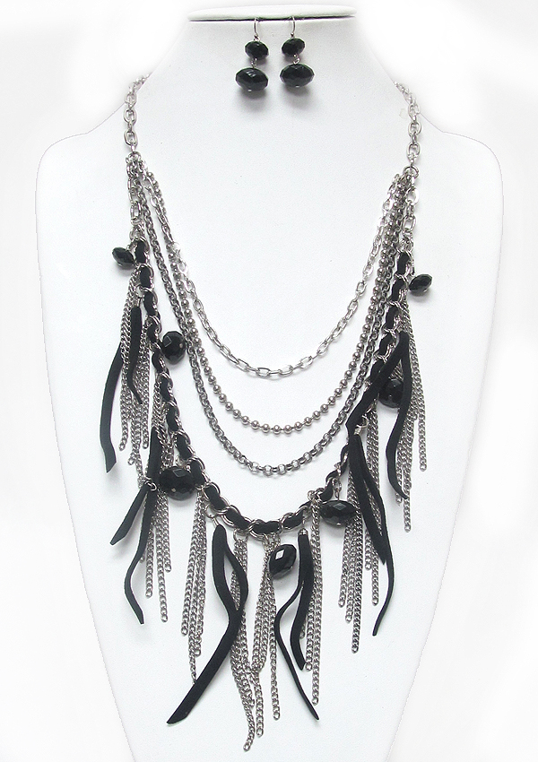 MULTI SUEDE AND METAL TASSEL DROP NECKLACE EARRING SET