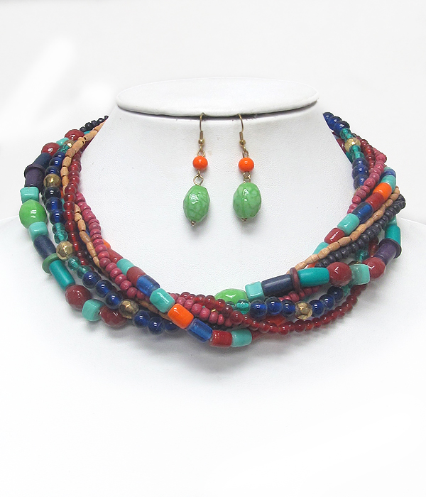 Multi strand glass and wood beads chain necklace earring set