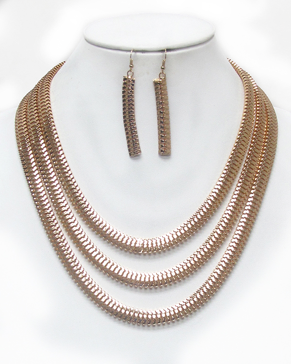 Three layer flat snake chain necklace earring set