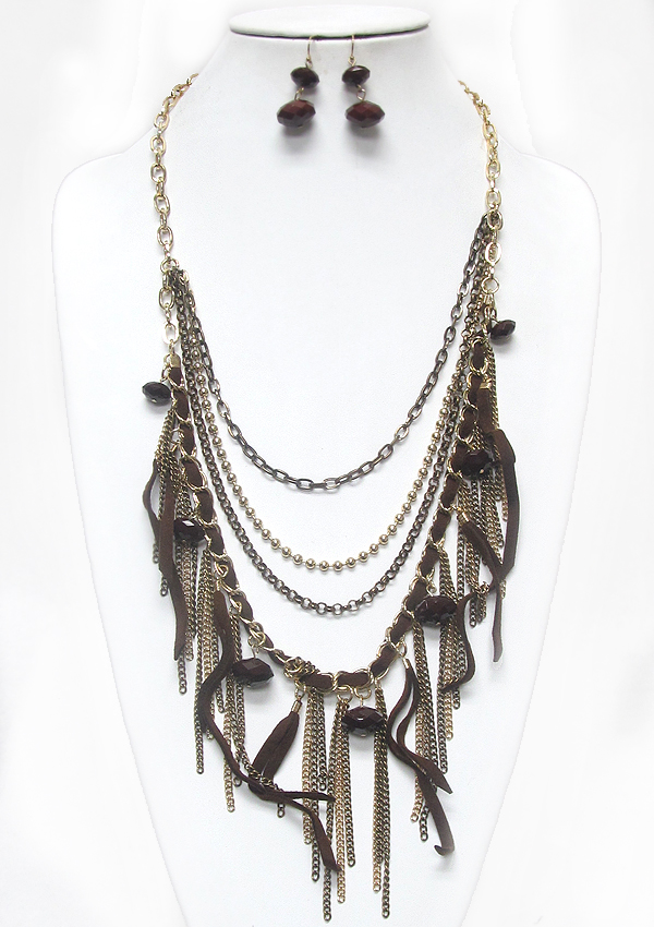 Multi suede and metal tassel drop necklace earring set