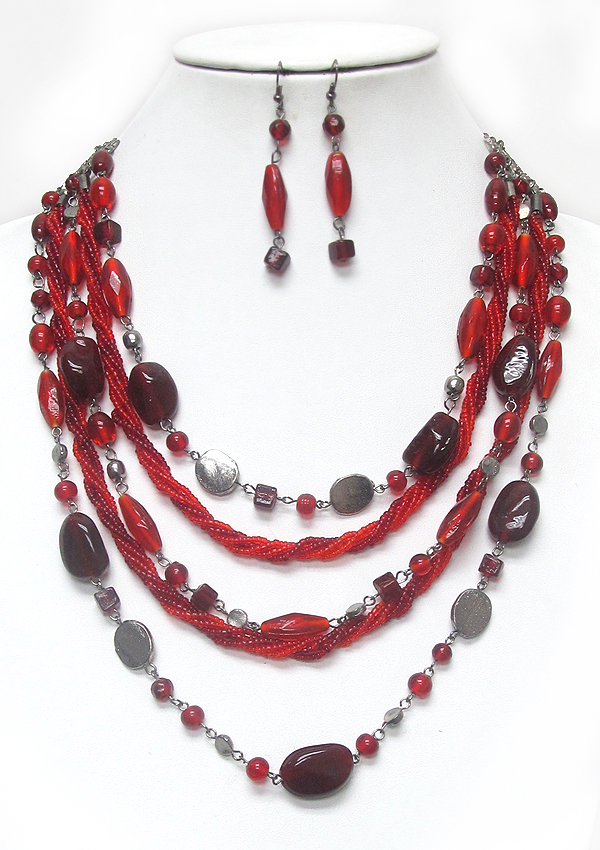 Five row glass beads and braided seed beads necklace earring set