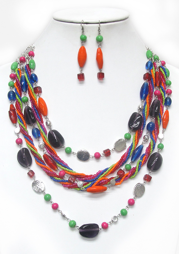 Five row glass beads and braided seed beads necklace earring set