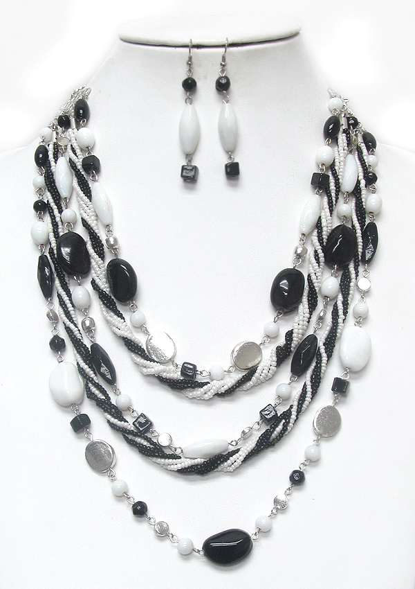 Five row glass beads and braided seed beads necklace earring set