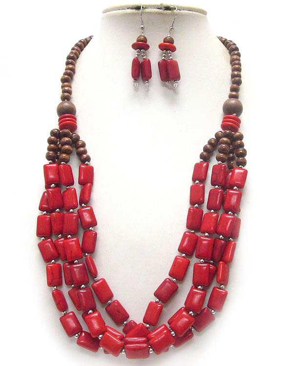 Multi wooden and natural stone link 4 layered necklace earring set